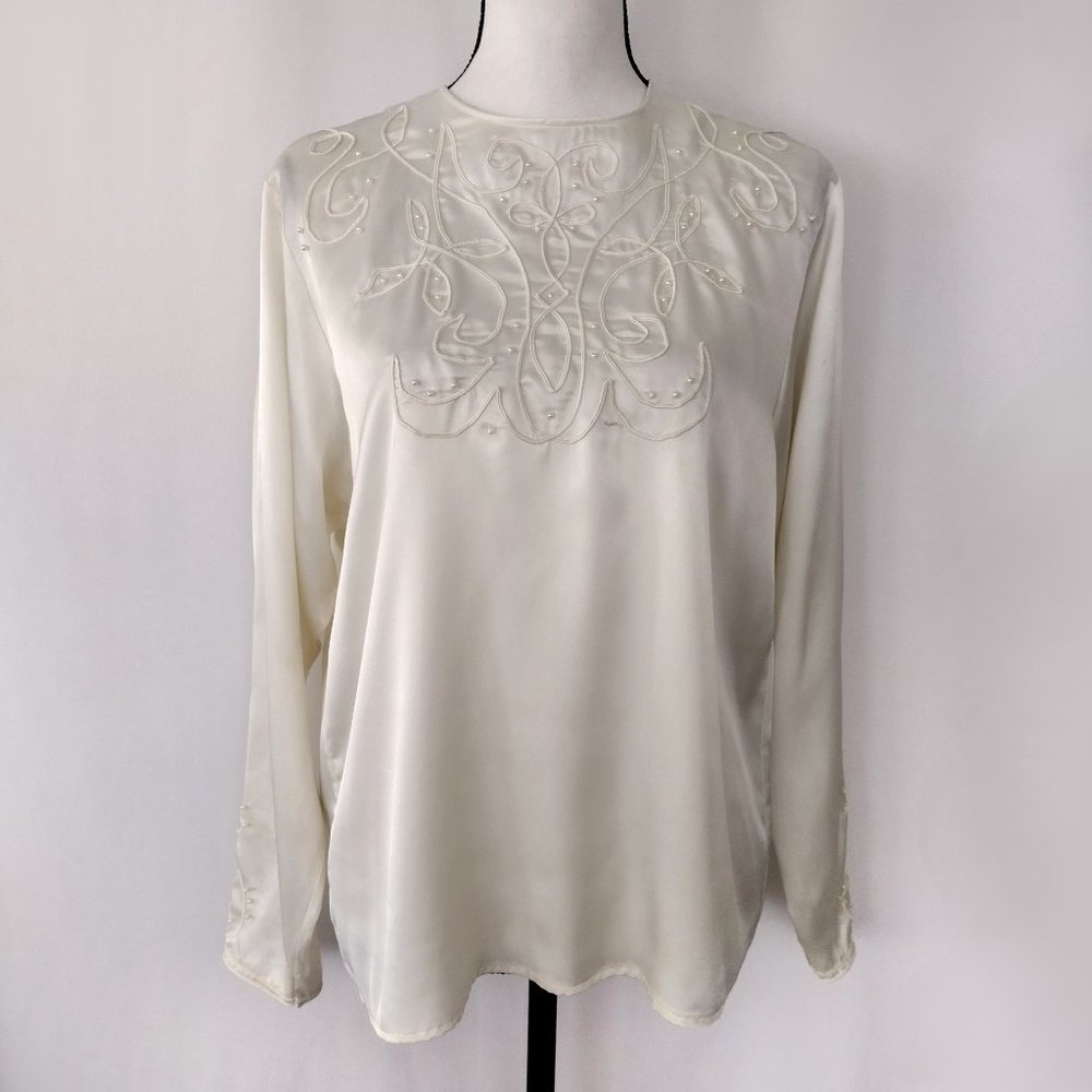 Vintage 1980s SK & Company Satin Ivory Pearl Accented Blouse